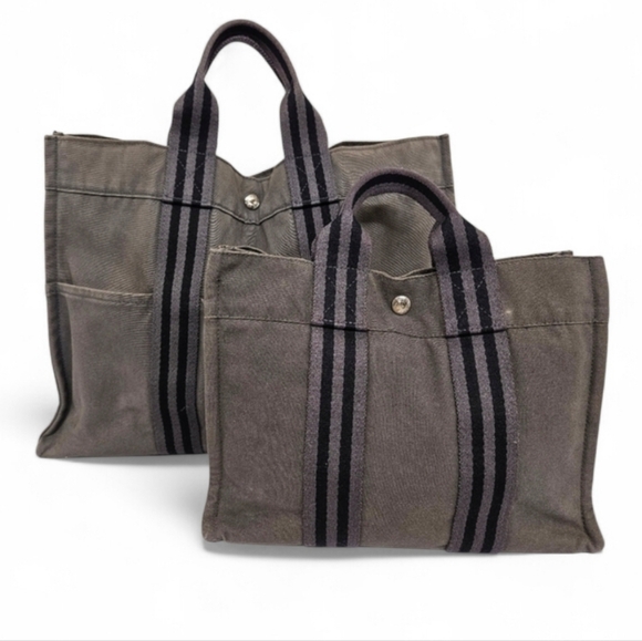 Hermes Handbags - Hermes Canvas Fourre Tout Holdall MM and GM Tote Bag Set in Gray and Black